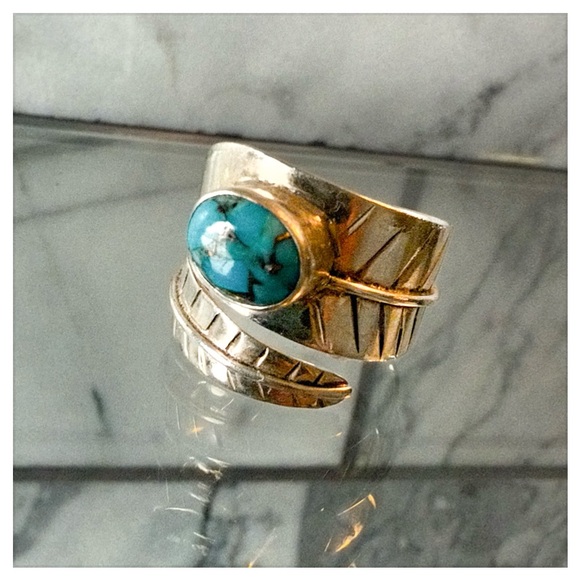 Turquoise, Sterling and Copper Leaf Wrap Ring - Picture 4 of 6